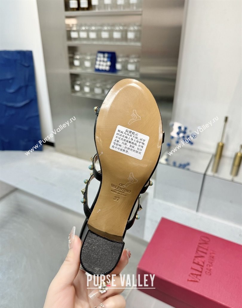 Valentino Rockstud Heel Slides Sandal 6.5cm in Calfskin with Stones Black 2025 VLTN042803 (XL-250428061)