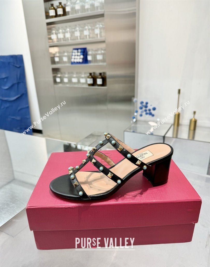 Valentino Rockstud Heel Slides Sandal 6.5cm in Calfskin with Stones Black 2025 VLTN042803 (XL-250428061)