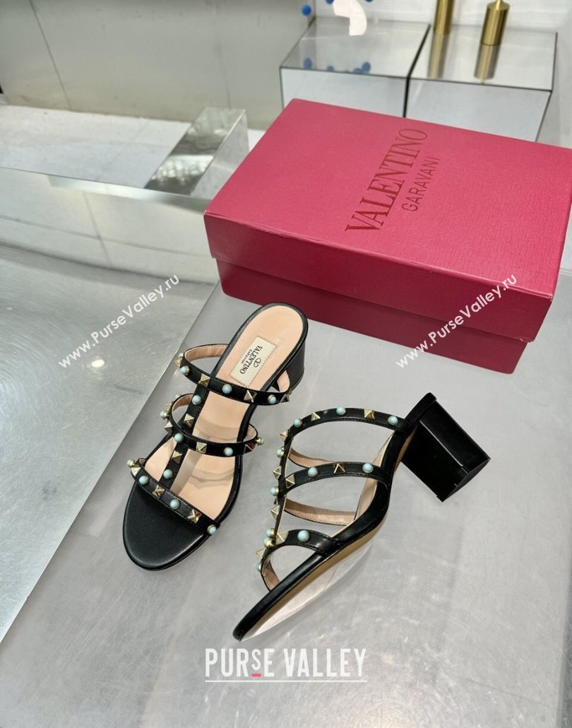 Valentino Rockstud Heel Slides Sandal 6.5cm in Calfskin with Stones Black 2025 VLTN042803 (XL-250428061)