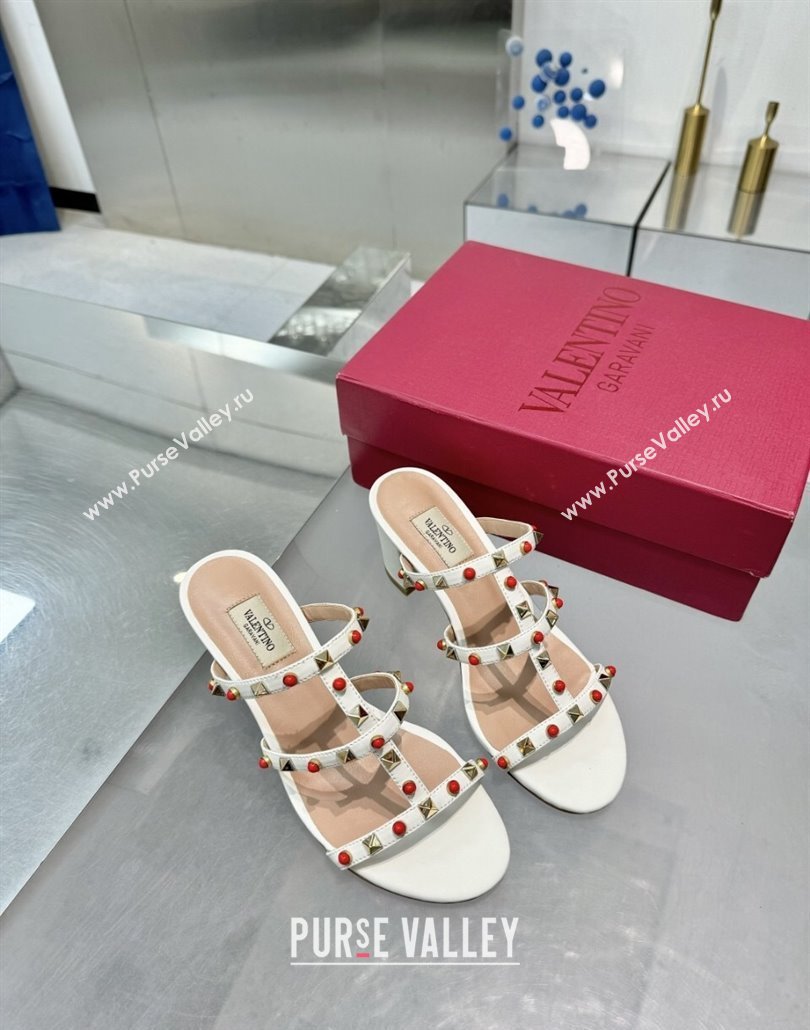 Valentino Rockstud Heel Slides Sandal 6.5cm in Calfskin with Stones Ivory White 2025 VLTN042803 (XL-250428062)