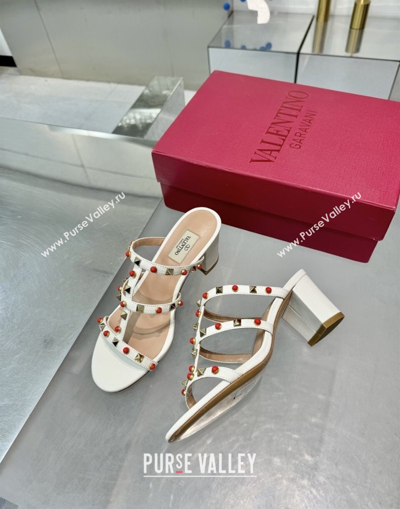 Valentino Rockstud Heel Slides Sandal 6.5cm in Calfskin with Stones Ivory White 2025 VLTN042803 (XL-250428062)