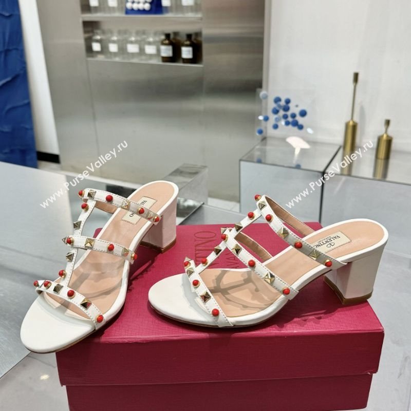 Valentino Rockstud Heel Slides Sandal 6.5cm in Calfskin with Stones Ivory White 2025 VLTN042803 (XL-250428062)
