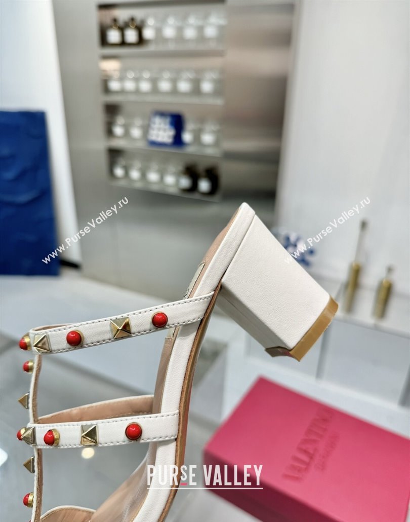 Valentino Rockstud Heel Slides Sandal 6.5cm in Calfskin with Stones Ivory White 2025 VLTN042803 (XL-250428062)