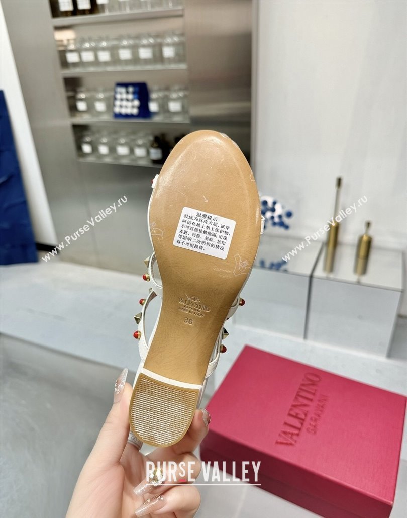 Valentino Rockstud Heel Slides Sandal 6.5cm in Calfskin with Stones Ivory White 2025 VLTN042803 (XL-250428062)