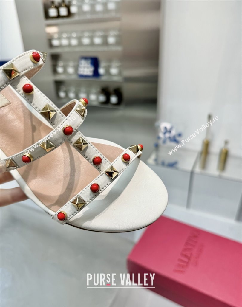 Valentino Rockstud Heel Slides Sandal 6.5cm in Calfskin with Stones Ivory White 2025 VLTN042803 (XL-250428062)