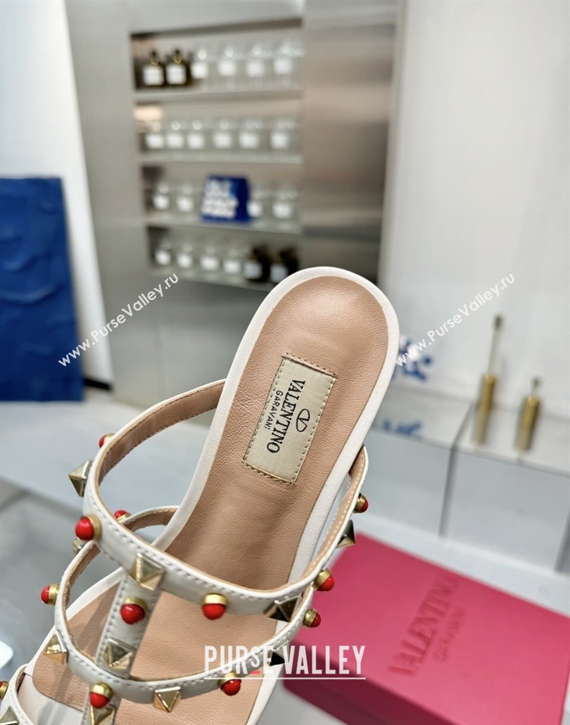 Valentino Rockstud Heel Slides Sandal 6.5cm in Calfskin with Stones Ivory White 2025 VLTN042803 (XL-250428062)
