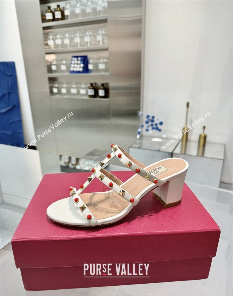 Valentino Rockstud Heel Slides Sandal 6.5cm in Calfskin with Stones Ivory White 2025 VLTN042803 (XL-250428062)