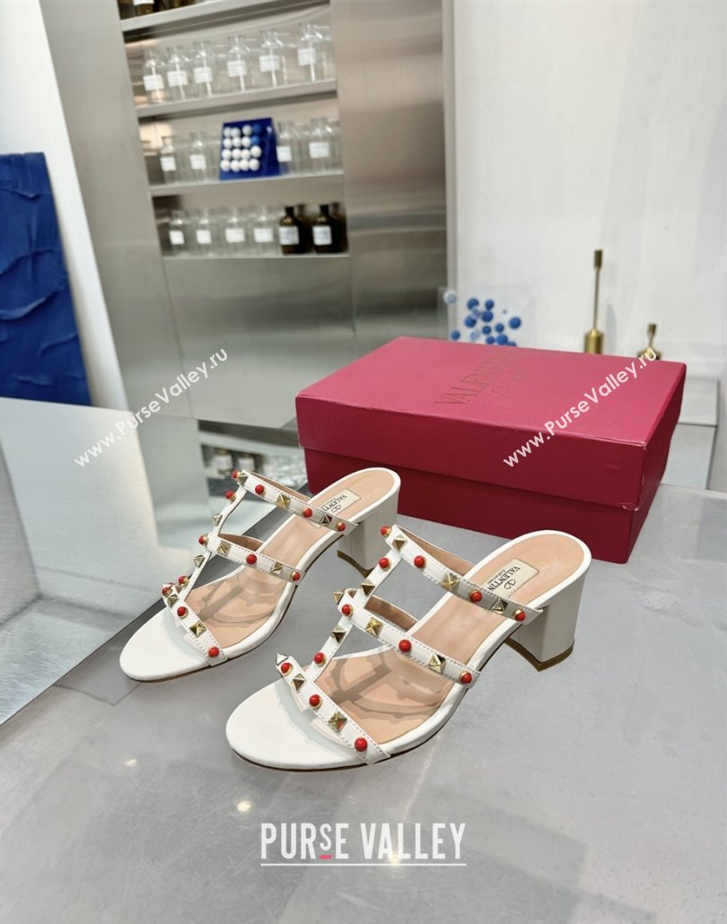 Valentino Rockstud Heel Slides Sandal 6.5cm in Calfskin with Stones Ivory White 2025 VLTN042803 (XL-250428062)