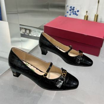 Valentino Bowow Decollete Pumps 5cm in Crocodile-Effect Printed Calfskin Black 2025 (XL-250428063)