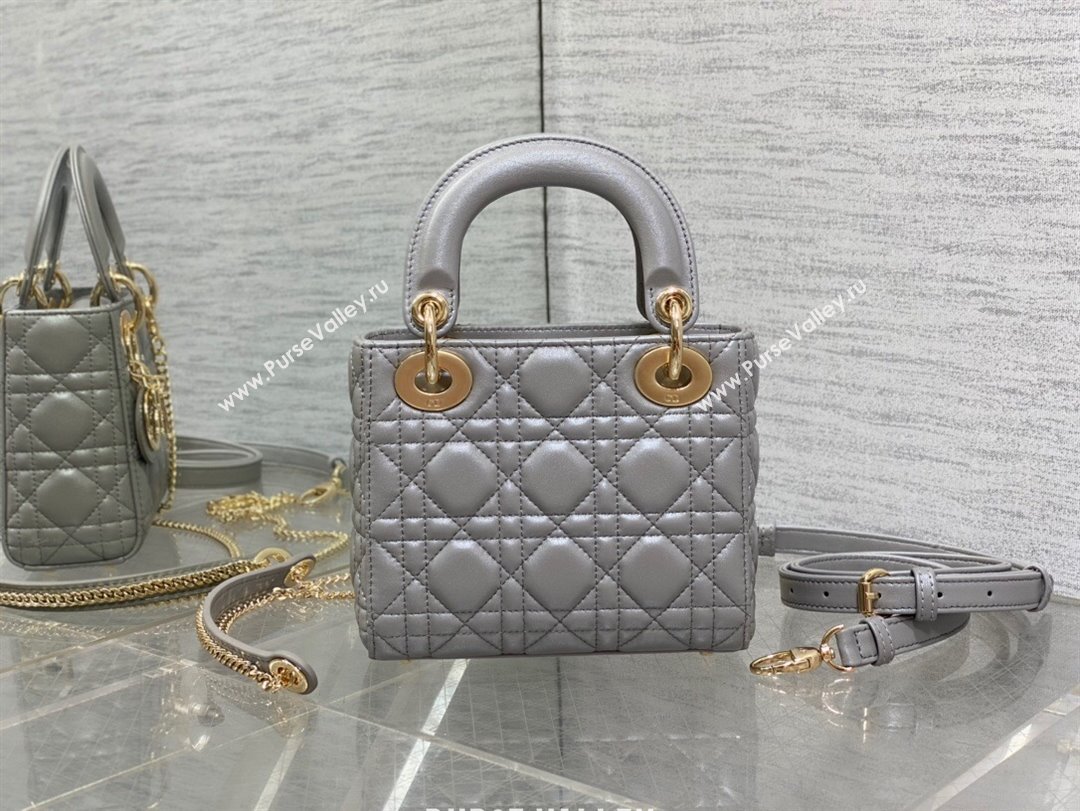 Dior Mini Lady Dior Bag in Grey Pearlescent Cannage Lambskin 2024 (XXG-24070301)