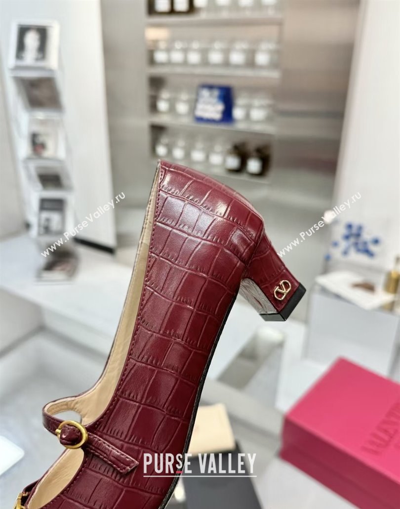 Valentino Bowow Decollete Pumps 5cm in Crocodile-Effect Printed Calfskin Dark Burgundy 2025 (XL-250428064)