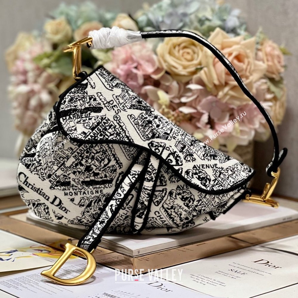 Dior Medium Saddle Bag in Plan De Paris Embroidery M0158L White/Black 2024 (DL-24081601)