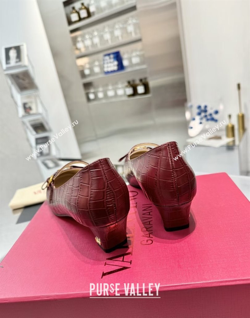 Valentino Bowow Decollete Pumps 5cm in Crocodile-Effect Printed Calfskin Dark Burgundy 2025 (XL-250428064)