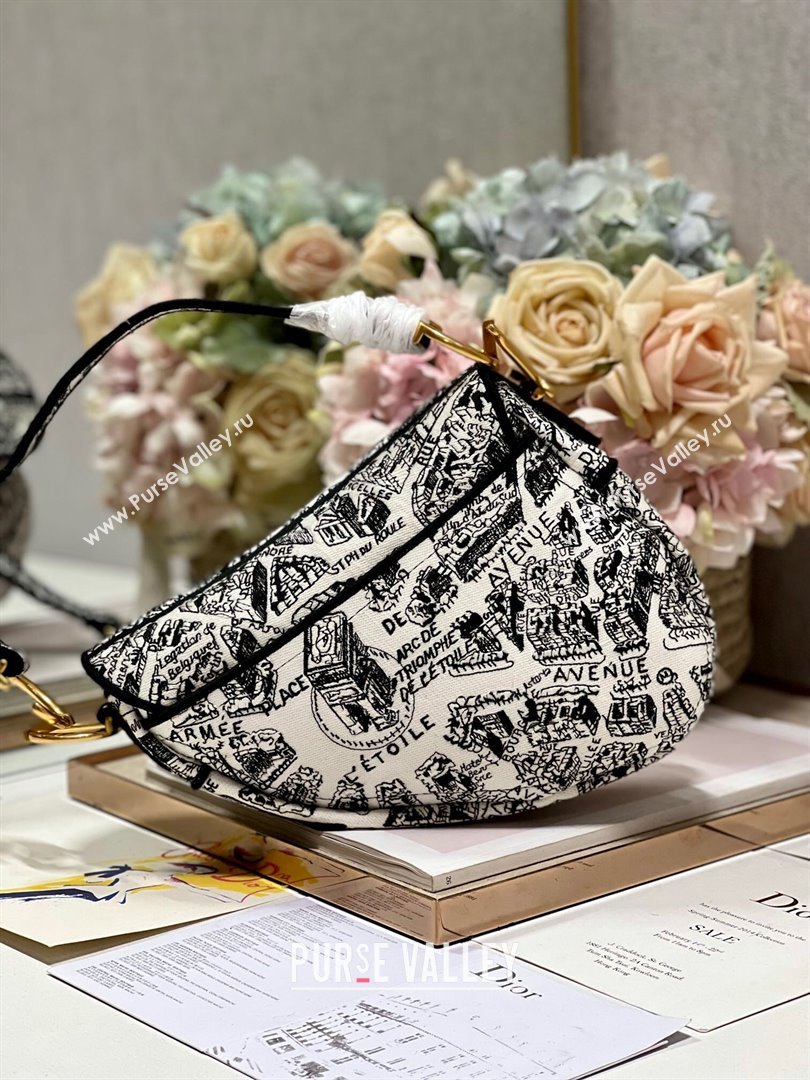 Dior Medium Saddle Bag in Plan De Paris Embroidery M0158L White/Black 2024 (DL-24081601)