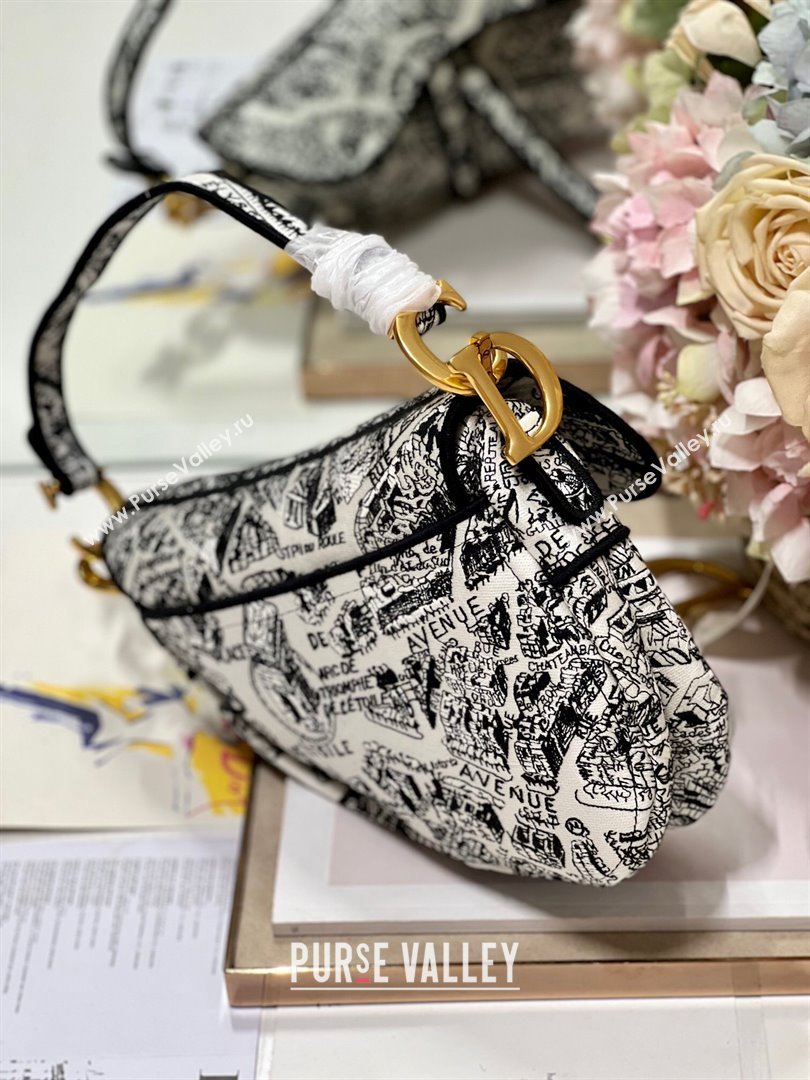 Dior Medium Saddle Bag in Plan De Paris Embroidery M0158L White/Black 2024 (DL-24081601)