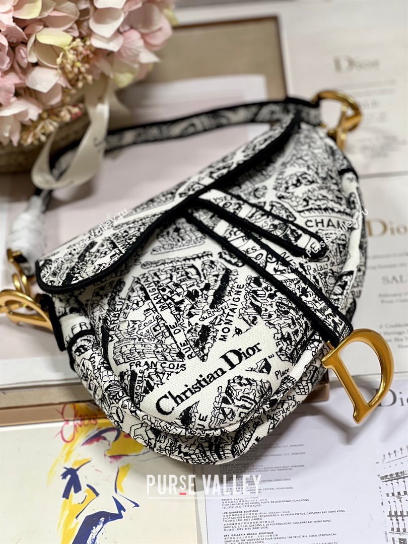 Dior Medium Saddle Bag in Plan De Paris Embroidery M0158L White/Black 2024 (DL-24081601)