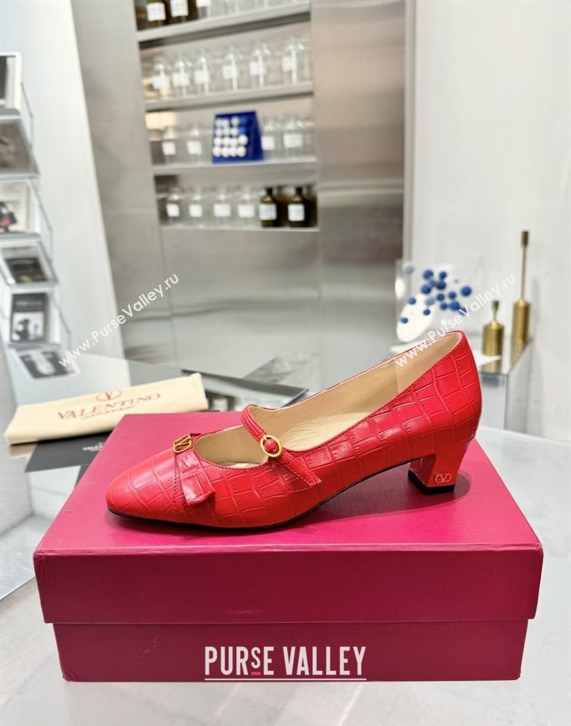 Valentino Bowow Decollete Pumps 5cm in Crocodile-Effect Printed Calfskin Red 2025 (XL-250428065)