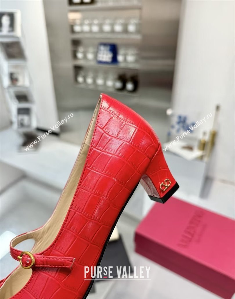 Valentino Bowow Decollete Pumps 5cm in Crocodile-Effect Printed Calfskin Red 2025 (XL-250428065)