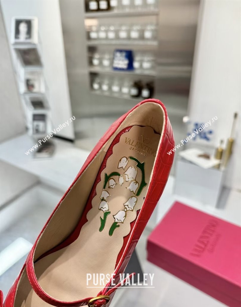 Valentino Bowow Decollete Pumps 5cm in Crocodile-Effect Printed Calfskin Red 2025 (XL-250428065)