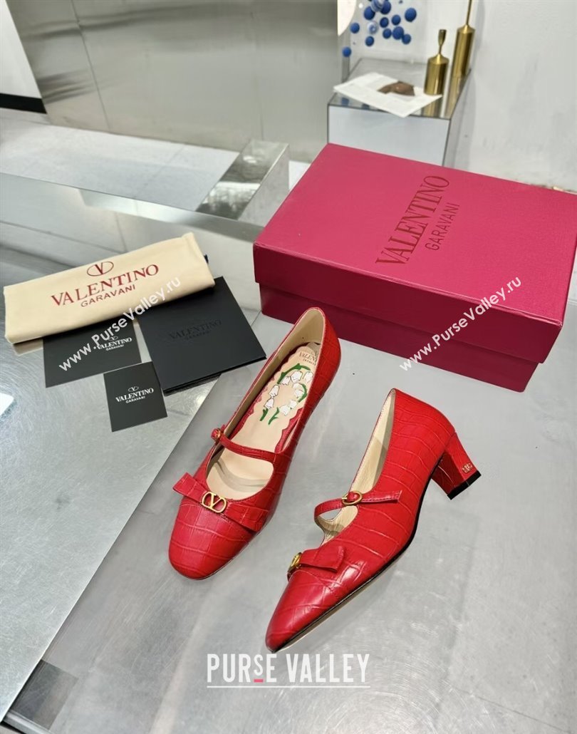 Valentino Bowow Decollete Pumps 5cm in Crocodile-Effect Printed Calfskin Red 2025 (XL-250428065)