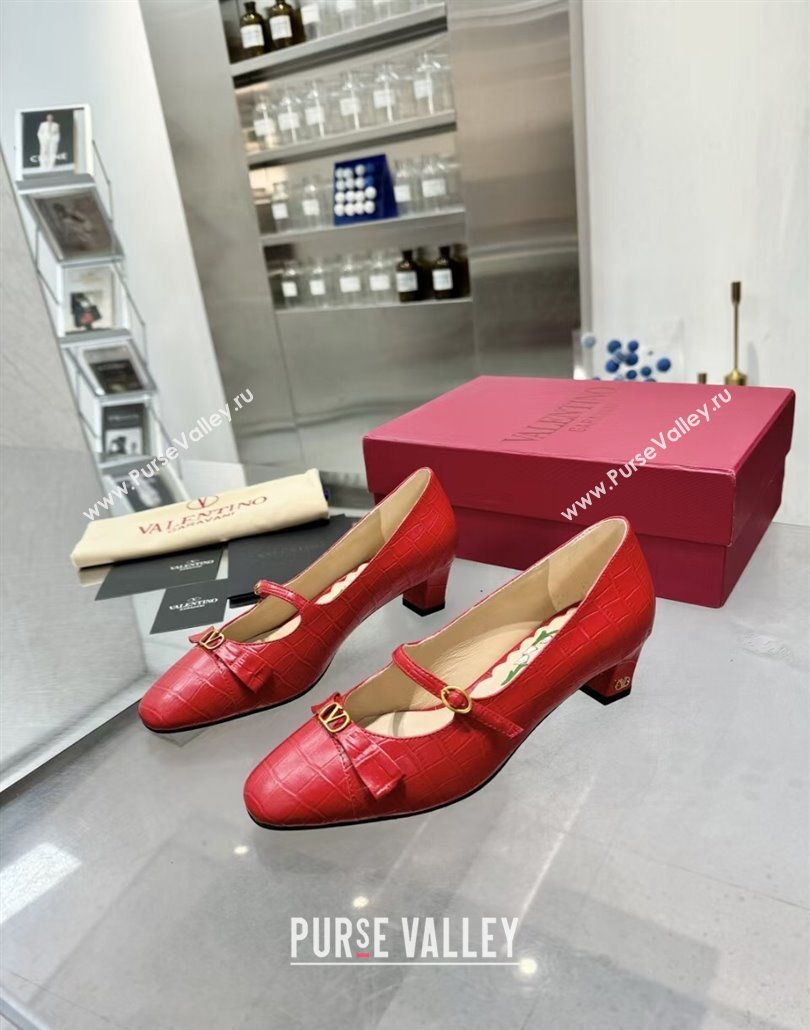 Valentino Bowow Decollete Pumps 5cm in Crocodile-Effect Printed Calfskin Red 2025 (XL-250428065)