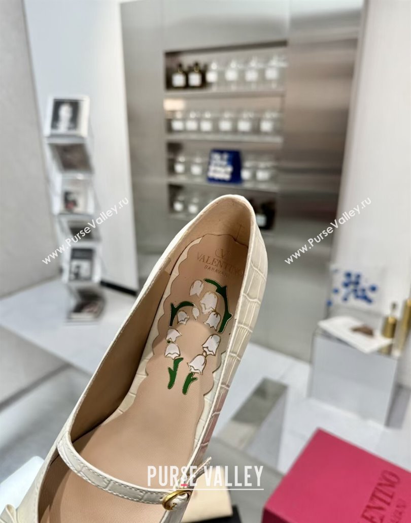 Valentino Bowow Decollete Pumps 5cm in Crocodile-Effect Printed Calfskin White 2025 (XL-250428066)