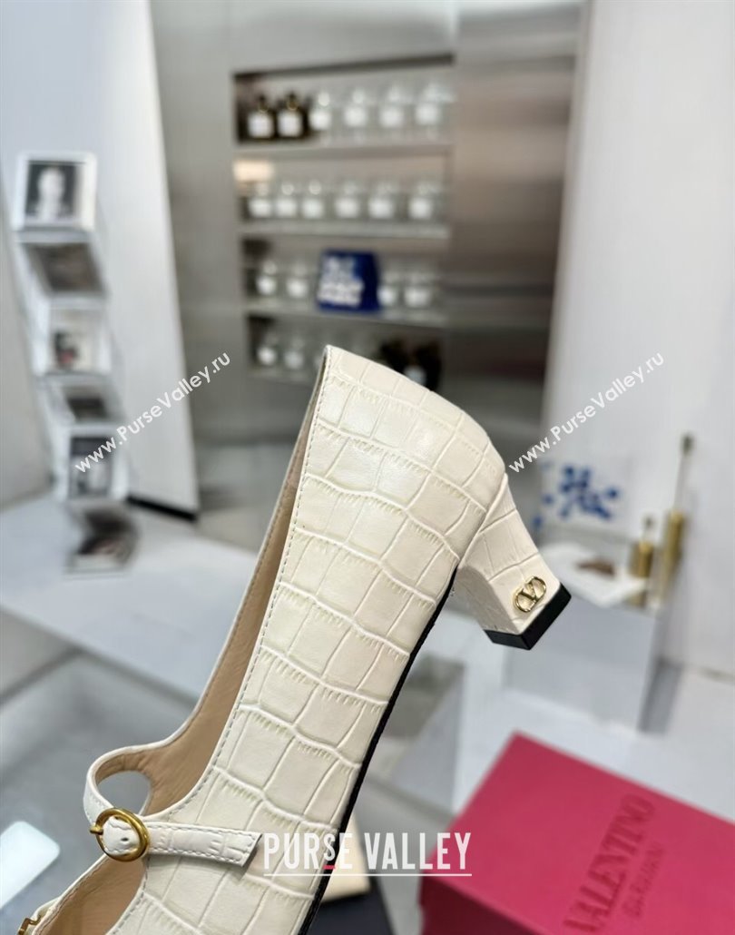 Valentino Bowow Decollete Pumps 5cm in Crocodile-Effect Printed Calfskin White 2025 (XL-250428066)