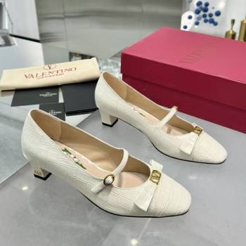 Valentino Bowow Decollete Pumps 5cm in Crocodile-Effect Printed Calfskin White 2025 (XL-250428066)