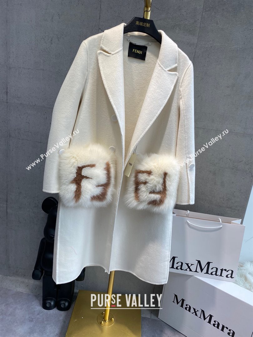 Fendi Cashmere Coat with Fox Fur Pocket F112515 White 2023 (Q-23112515)