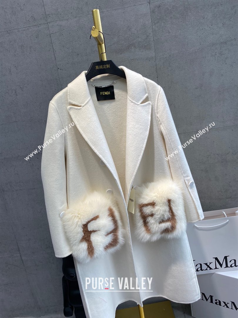 Fendi Cashmere Coat with Fox Fur Pocket F112515 White 2023 (Q-23112515)