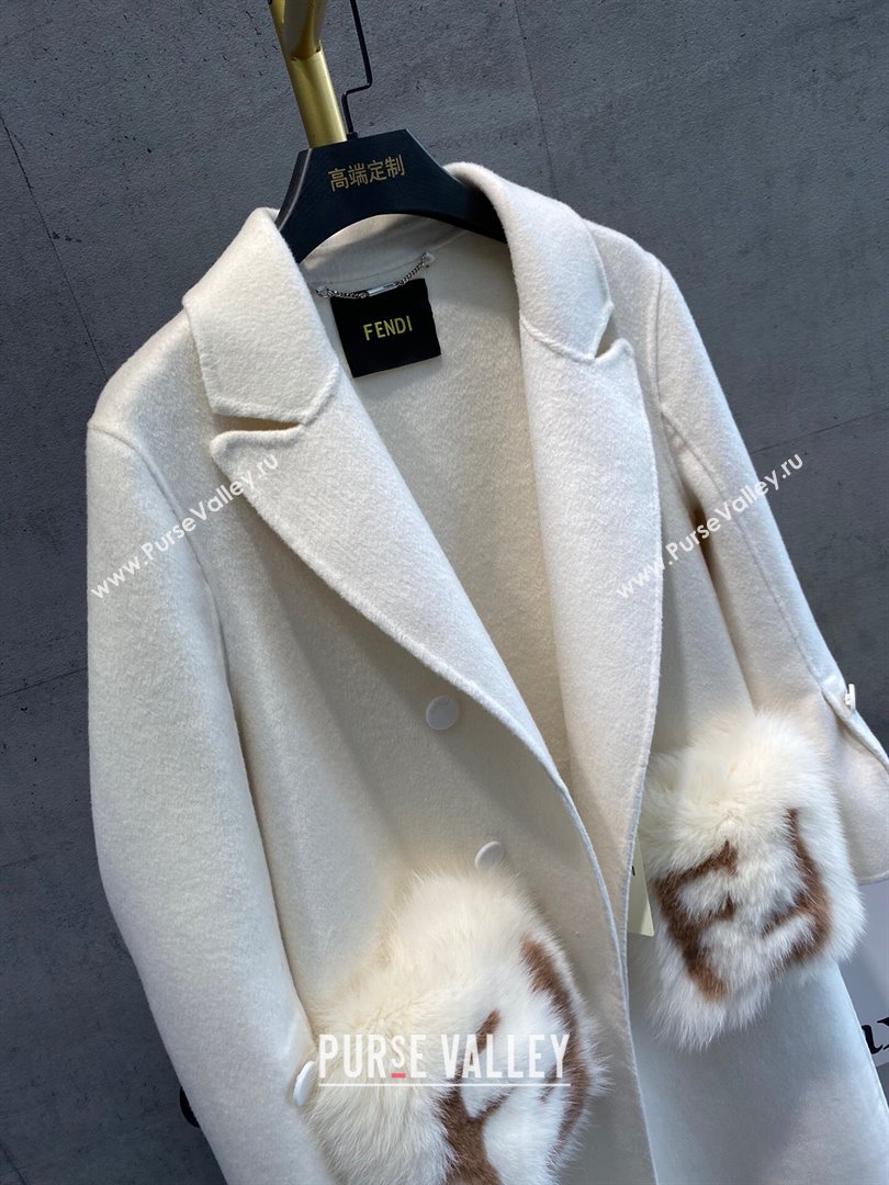 Fendi Cashmere Coat with Fox Fur Pocket F112515 White 2023 (Q-23112515)