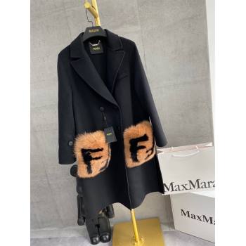 Fendi Cashmere Coat with Fox Fur Pocket F112511 Black 2023 (Q-23112511)