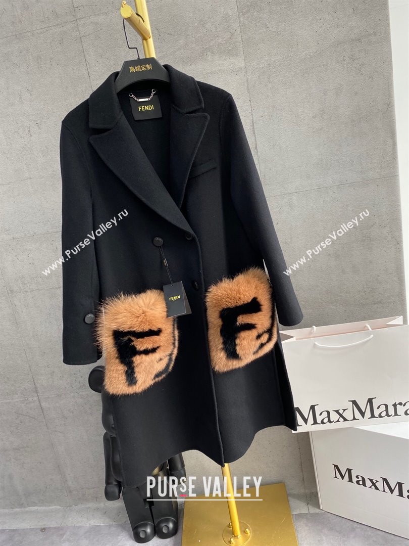 Fendi Cashmere Coat with Fox Fur Pocket F112511 Black 2023 (Q-23112511)