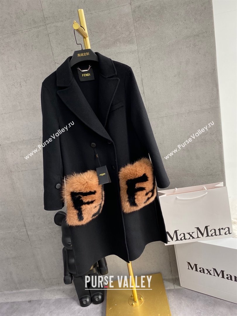 Fendi Cashmere Coat with Fox Fur Pocket F112511 Black 2023 (Q-23112511)