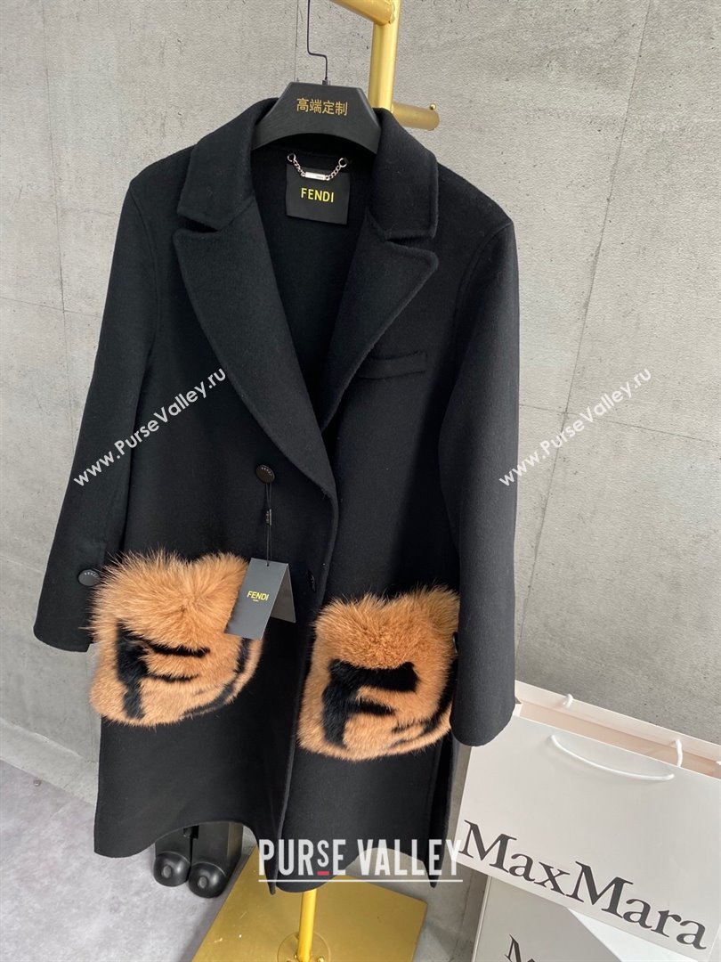 Fendi Cashmere Coat with Fox Fur Pocket F112511 Black 2023 (Q-23112511)