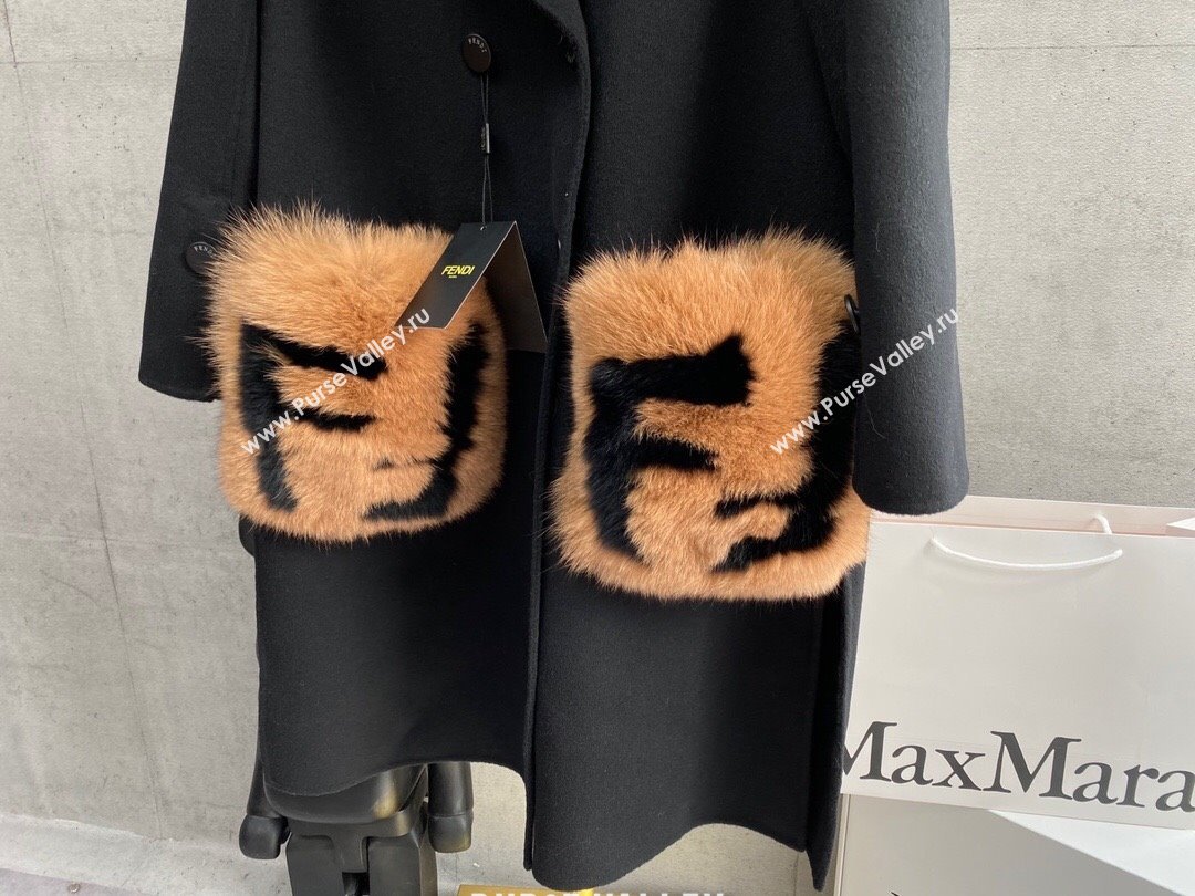 Fendi Cashmere Coat with Fox Fur Pocket F112511 Black 2023 (Q-23112511)