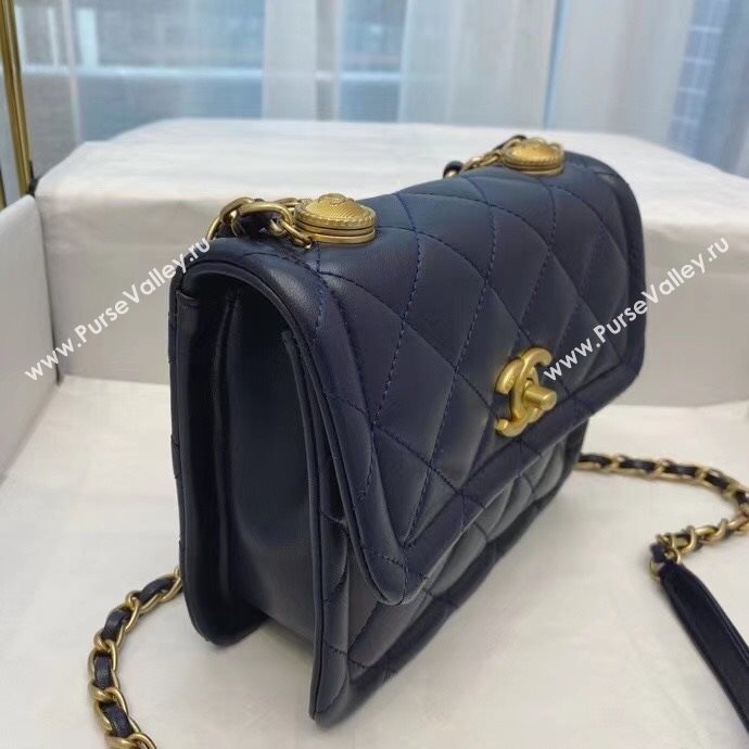 Chanel Quilted Lambskin Small Flap Bag with Metal Button AS2054 Navy Blue 2020 TOP (SMJD-20112310)