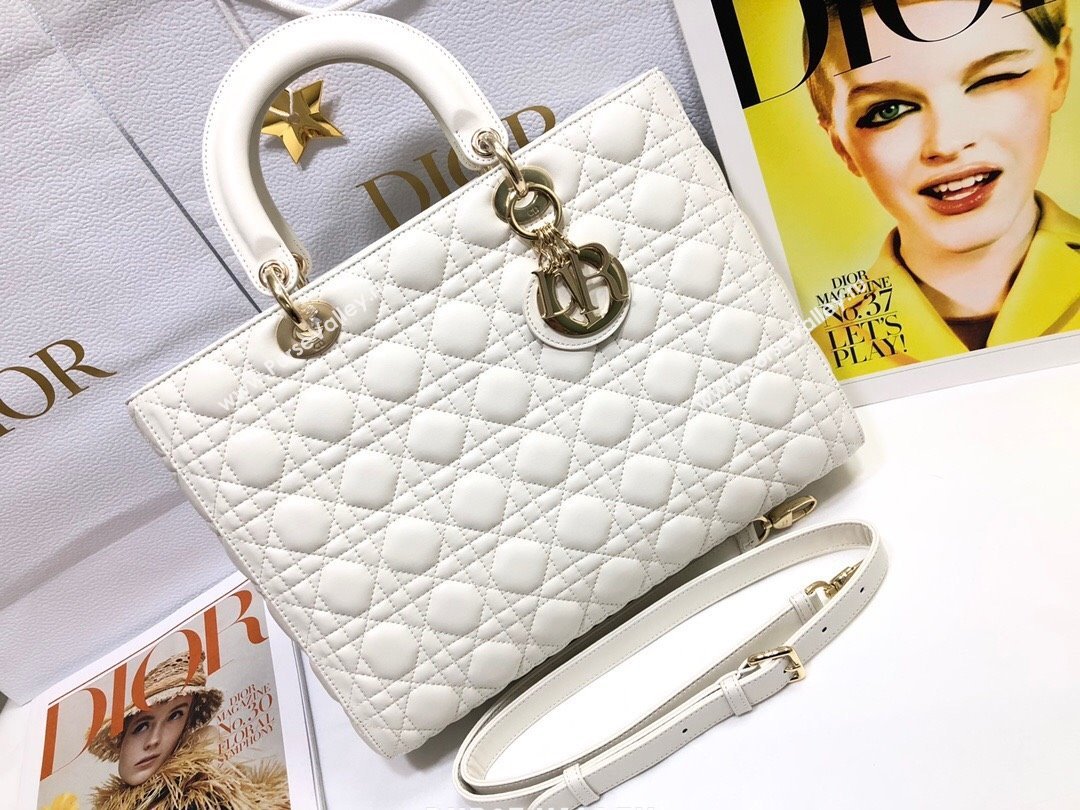 Dior Large Lady Dior Bag in Lambskin Leather M0566 White/Gold 2024 (XXG-24070309)