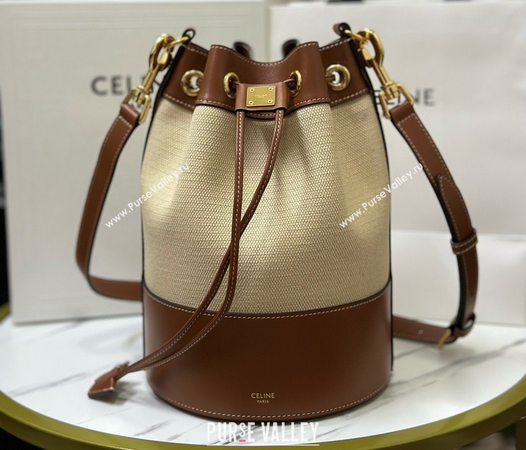 Celine Bucket Bag in Linen and Calfskin 113082 Brown 2025 (BL-25022607)