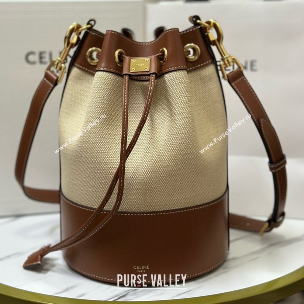 Celine Bucket Bag in Linen and Calfskin 113082 Brown 2025 (BL-25022607)