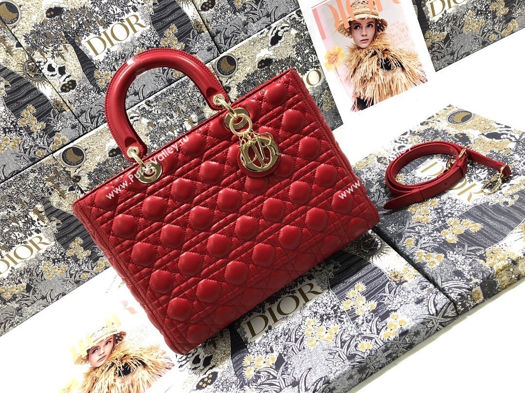 Dior Large Lady Dior Bag in Lambskin Leather M0566 Red/Gold 2024 (XXG-24070311)