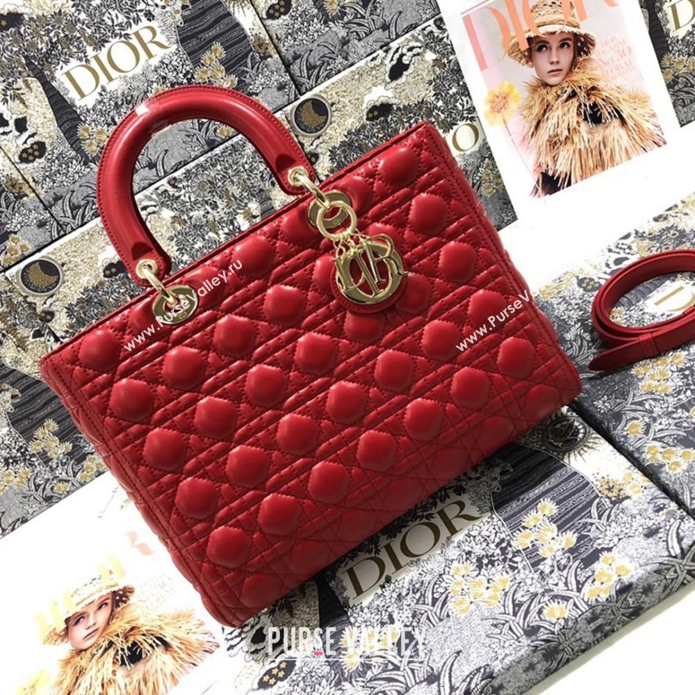 Dior Large Lady Dior Bag in Lambskin Leather M0566 Red/Gold 2024 (XXG-24070311)