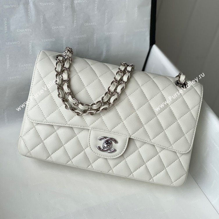 Chanel Quilted Grained Calfskin Medium Classic Flap Bag A01112 White/Silver 2021 (SM-210929057)