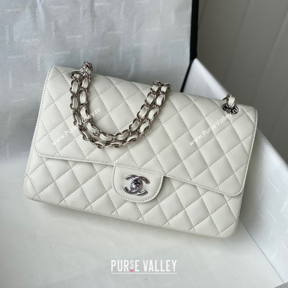 Chanel Quilted Grained Calfskin Medium Classic Flap Bag A01112 White/Silver 2021 (SM-210929057)