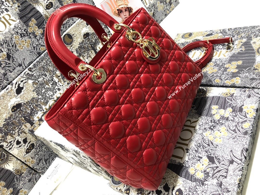 Dior Large Lady Dior Bag in Lambskin Leather M0566 Red/Gold 2024 (XXG-24070311)