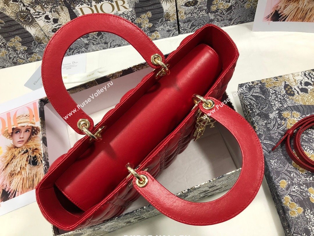 Dior Large Lady Dior Bag in Lambskin Leather M0566 Red/Gold 2024 (XXG-24070311)