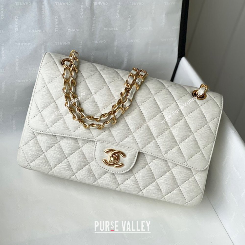 Chanel Quilted Grained Calfskin Medium Classic Flap Bag A01112 White/Gold 2021 (SM-210929058)