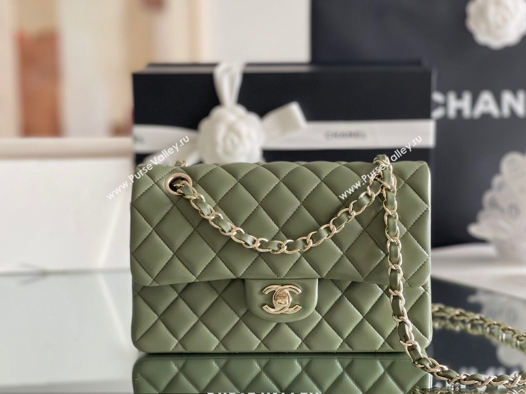 Chanel Quilted Lambskin Small Classic Flap Bag Green/Light Gold 2024 Original Quality (MHE-24031406)