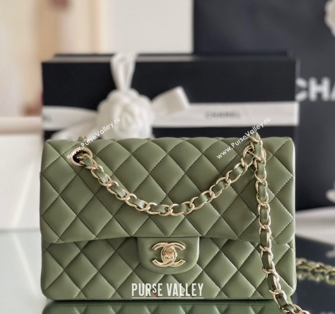 Chanel Quilted Lambskin Small Classic Flap Bag Green/Light Gold 2024 Original Quality (MHE-24031406)