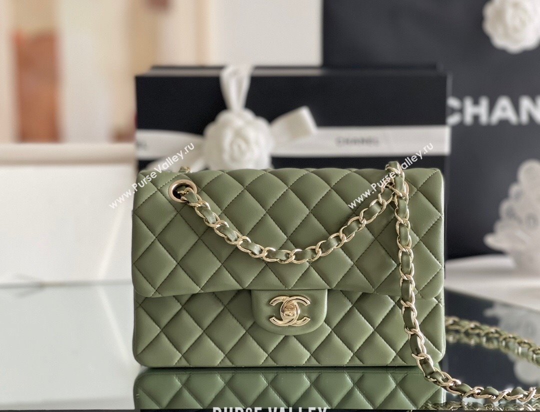 Chanel Quilted Lambskin Small Classic Flap Bag Green/Light Gold 2024 Original Quality (MHE-24031406)